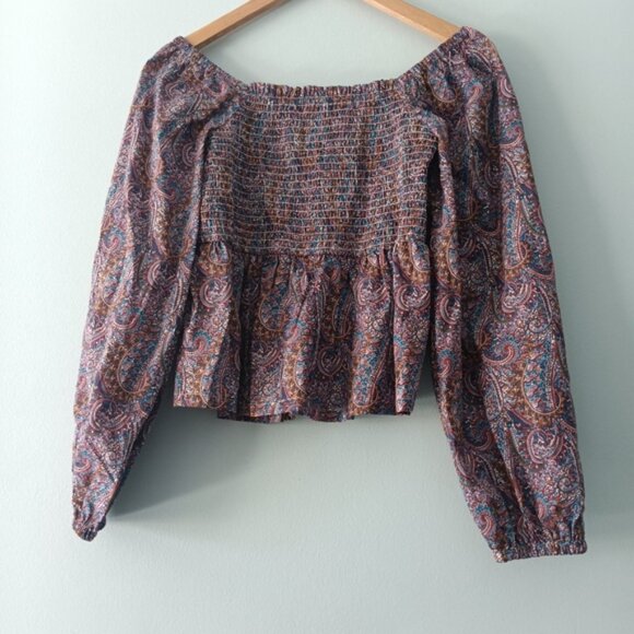 J.Crew Liberty Paisley Top Cotton Smocked Puff Sleeve Cropped Boho M - Picture 2 of 7
